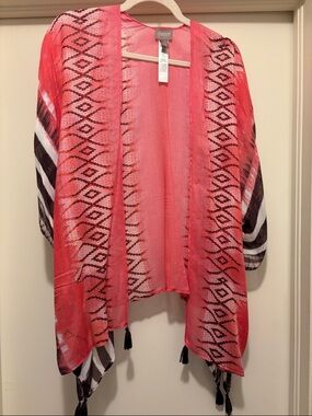 Chico's Coral Pink Aztec Print Open Front Kimono